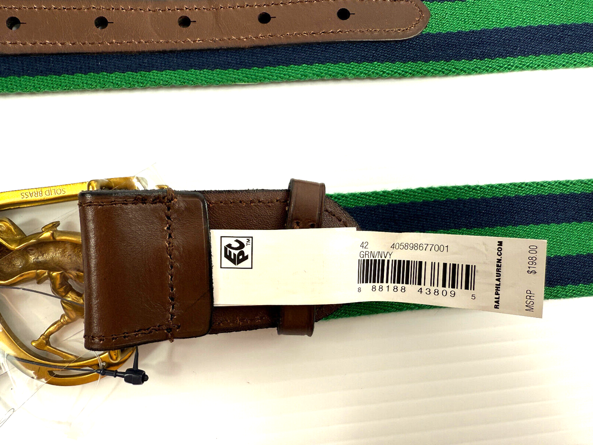 Ralph Lauren Green and Yellow Striped Horse Medallion Belt RRL Double RL Ralph Lauren Solid Brass Horse Equestrian  main image 3