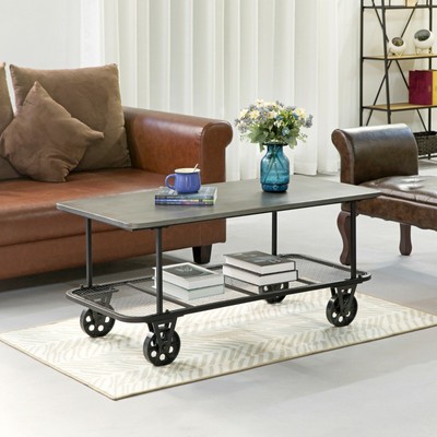 Coffee Table With Caster Wheels Warehouse Cart Design Industrial Rustic Metallic Ebay