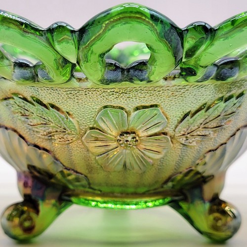Antique Northwood Green Carnival Glass Reticulated Bowl Wild Rose Pattern Boho - Picture 2 of 11