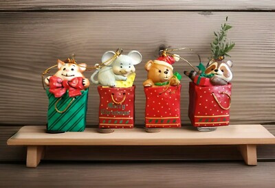 Vintage Christmas Gift Bags, Kitten, Mouse, Cub, Racoon, 2'' Cute Tree Ornaments 