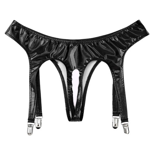 DE Damen Lackleder Tanga mit Strumpfband Höschen im Schritt Offen Unterwäsche - Bild 25 von 44