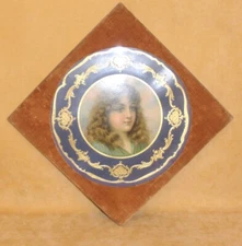 Early 20th Century Ryland Print of Young Girl Matted in Navy/Gold w/Velvet Frame