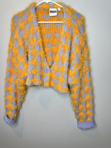 The Ragged Priest Houndstooth Fuzzy Cropped Cut Cardigan Sweater Large Orange