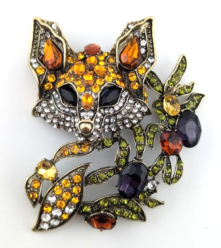 LARGE FOX BROOCH floral spray kitsune autumn crystal rhinestone