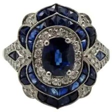 Art Deco Style Sapphire Lab Created Diamond Engagement Ring 14K White Gold FN