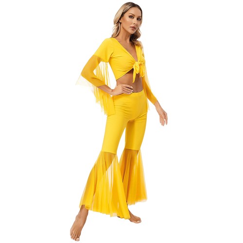 Womens Dancewear Bell-Bottomed Belly V Neck Crop Top With Pants Competition - Picture 40 of 61