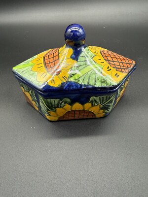 Artisan Porcelain Ceramic Sunflower Trinket Jewelry Candy Dish Box Six Sided