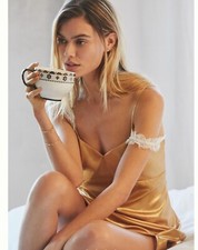 Anthropologie mini Dress size L lingerie style metallic Gold Tie Back cut out