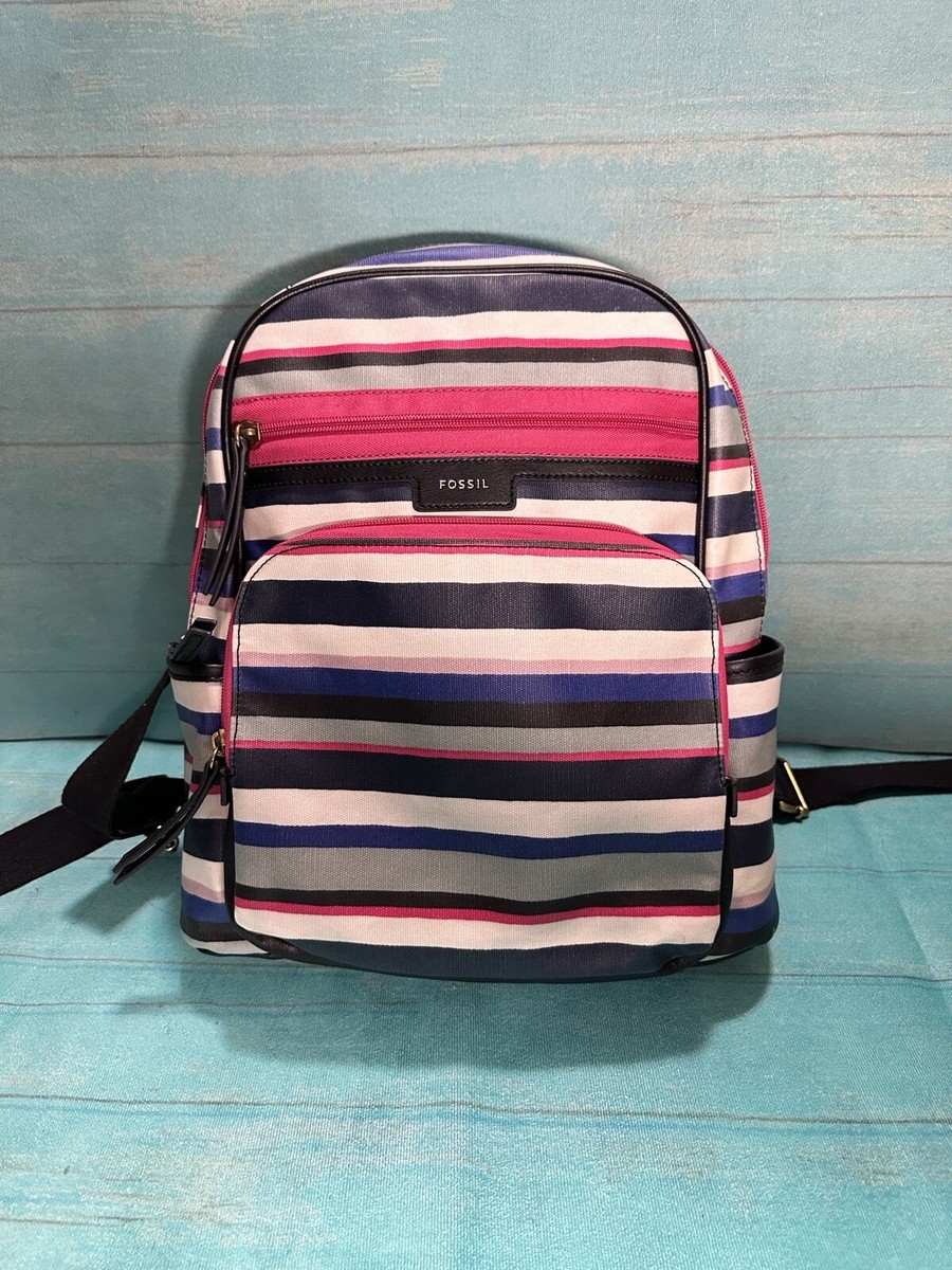 Fossil Eliza Coated Canvas Backpack Blue Multi Stripe EUC NWT Fossil Eliza Coated Canvas Backpack Blue Multi Stripe  main image 3