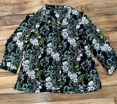 Notations Button Front Blouse Women's PXL Short Sleeve Black Green Floral B42