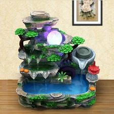 Water Fountain LED Light Tabletop Indoor Resin Rockery Fengshui Waterfall Decor
