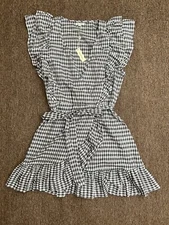 135 NEW Max Studio Black White Plaid V Neck Ruffled SS Wrap Mini Dress Size L