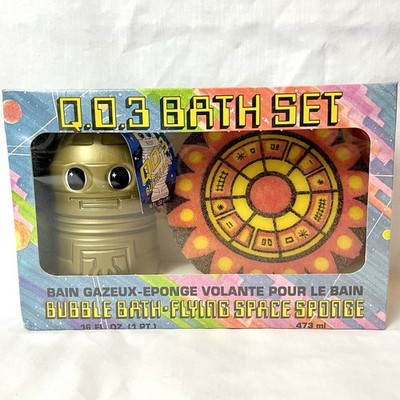 New Vintage QD3 Gold Robot Bubble Bath Bottle & Flying Space Ship Sponge 1980s?