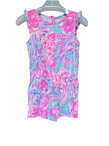 Lilly Pulitzer Girls Size XL 12 14 Pink Aqua Floral Cotton Romper Pockets