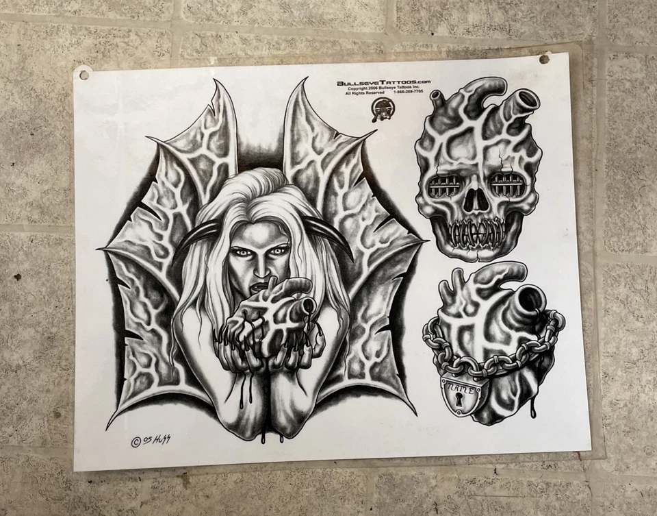 Lote de 2 Hojas Flash Tatuaje Vintage Bullseye Tatuaje Firmado Huss 05 Foto 2 de 3