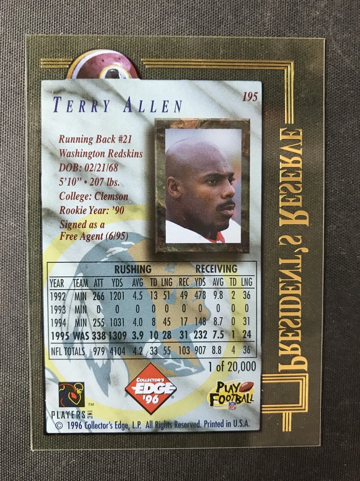 1996 Collector's Edge President's Reserve #195 Terry Allen Redskins MINT+ - Image 2 of 2