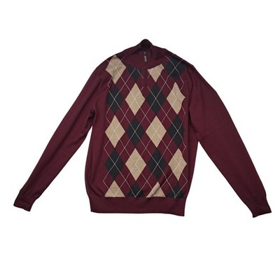 Barbour Sweater Mens Large Red Bordeaux 100% Merino Wool Argyle Half Zip Preppy