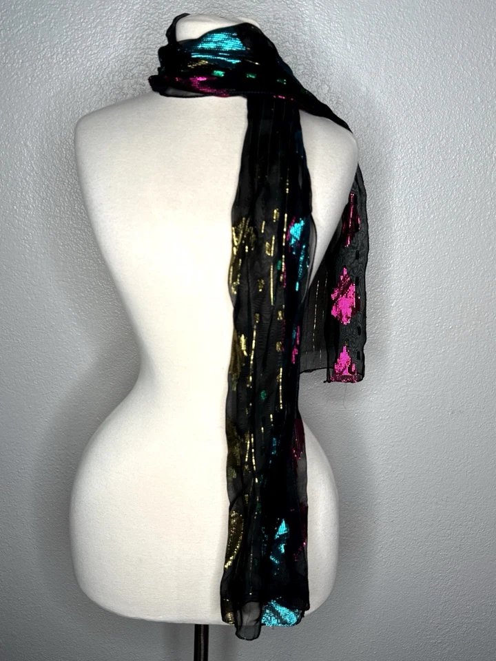 Винтажный черный чистый металлический шарф золотой бирюзовый пурпурный отлива вечеринки вечернее надежном - Изображение 2 из 3
