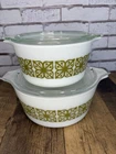 Vintage Pyrex Green Verde Square Flowers Casserole Dishes 473 & 474 w/Lids MINT