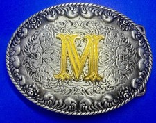 Custom Initial Letter M Two Tone Swirl Ornate Western Framed NOS Belt Buckle