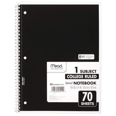 Spiral Notebook, 1 Subject, College Ruled Paper, 70 Sheets, 10-1/2'' x 7-1/2'',...
