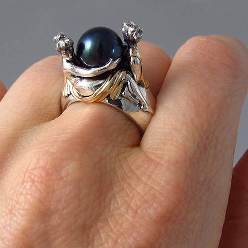 Black White Pearl Rings - Vintage Style Punk Metal Ring Eternity Band Jewelry - Picture 2 of 13