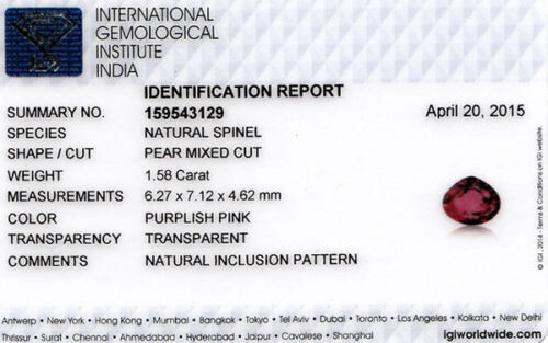 IGI Certified BURMA Spinel 1.58 Cts Natural Untreated Lustrous Purplish Pink - Picture 4 of 4