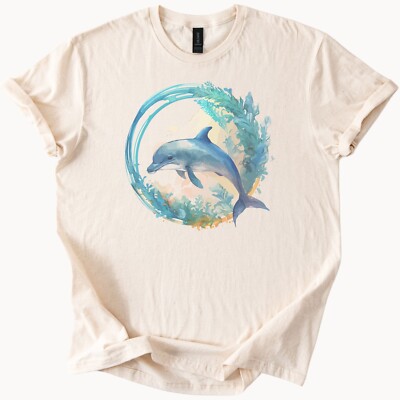 Dolphin Art T Shirt Ocean Sea Life Graphic Tee Watercolor Marine Animal Shirt