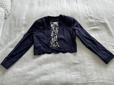 True Vintage 1980s Laura Ashley Navy Blue Scallop Edge Bolero Jacket Size  12 UK - Main Image