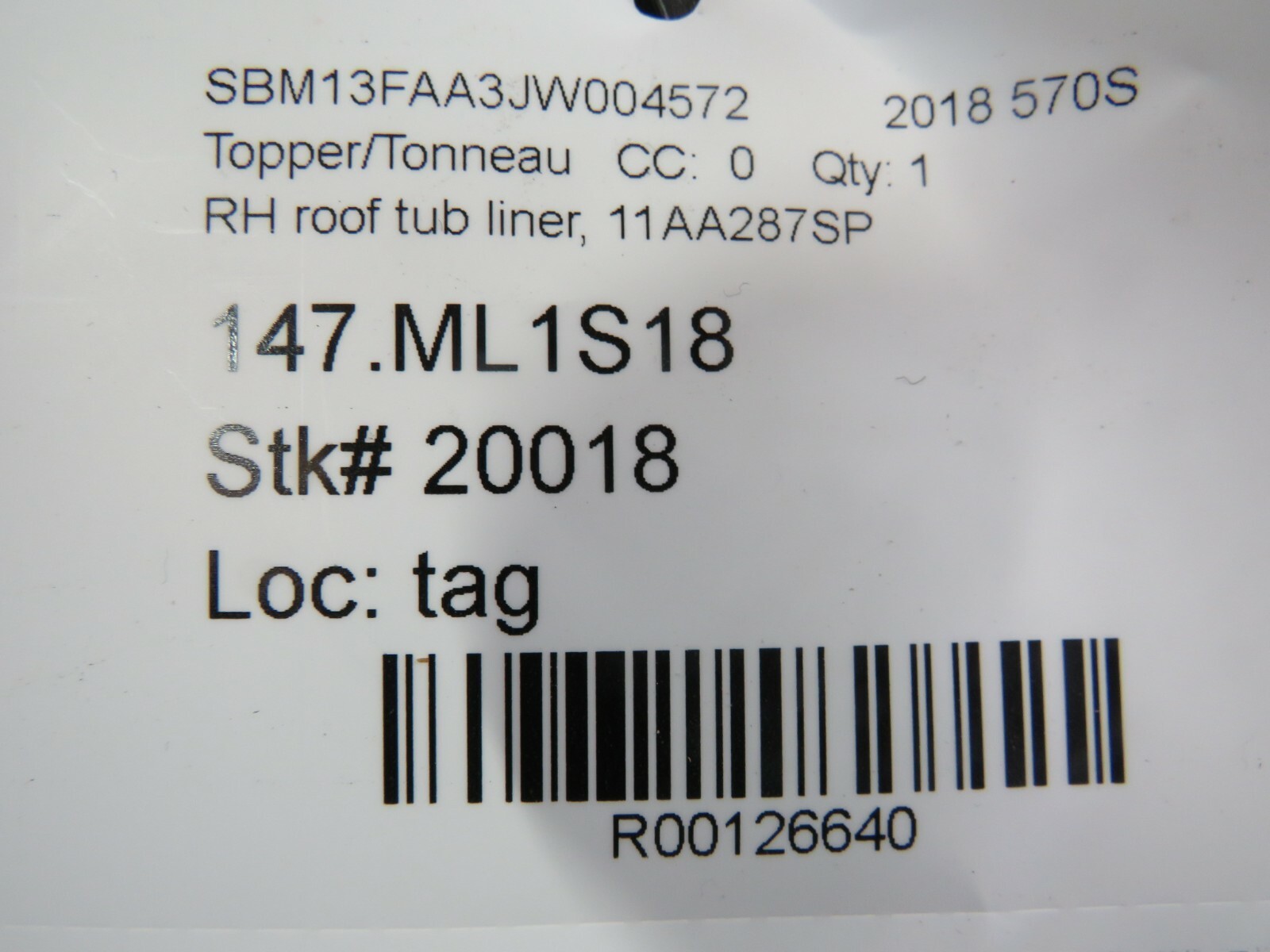 McLaren 570s, RH, Right, Roof Tub Liner, Used, P/N 11AA287SP