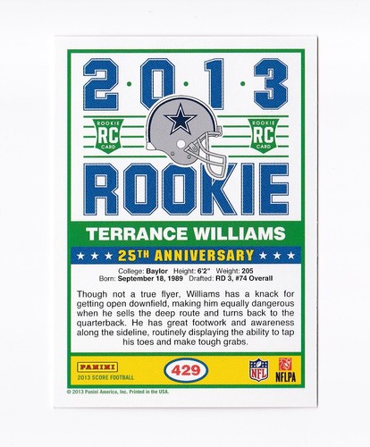 2013 Score Red #429 Terrance Williams RC Dallas Cowboys Baylor Bears - Picture 2 of 2