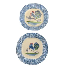 Los Angeles Potteries Blue Stipple Rooster Salad Plate Set of 2 Country READ