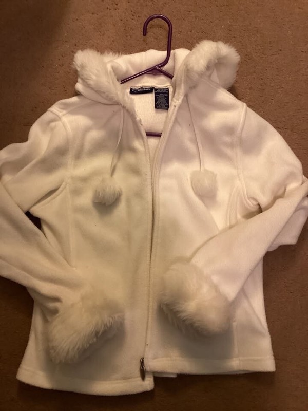 Girls White Fleece Jacket with 2 poms strings size 8-10