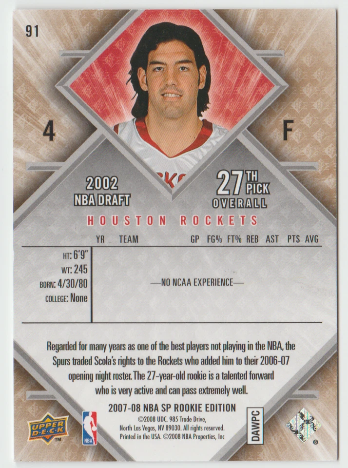 2007-08 SP Rookie Edition #91 Luis Scola RC - Houston Rockets - Image 2 of 2