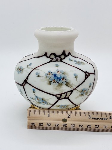 Wavecrest Glass-Squatty Vase-Nakara Style-Floral Scene & Ormolu Feet-Beaded Rim - Picture 20 of 24
