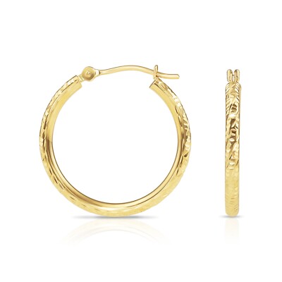 14K Real Solid Gold Hand Engraved Diamond-Cut Creole Hoops Earrings All Sizes