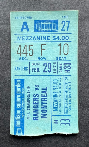 Vintage 1974 NHL Montreal Canadiens vs New York Rangers Ticket Stub 2/29/76 MSG - Picture 2 of 2