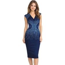 PH5 Starburst Embroidered Bodycon Dress Navy Blue Laser Cut Knit Sheath US 2