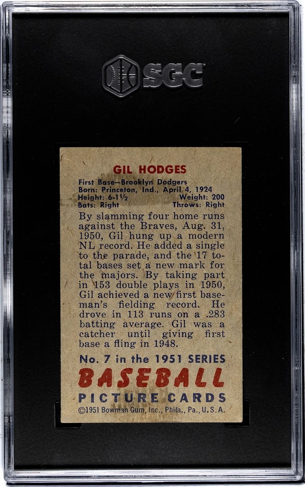 1951 Bowman #7 Gil Hodges SGC 4 Vintage HOF Baseball Card (7161) - Image 2 of 2