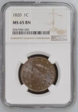 1820 Coronet Cent 1C NGC MS65BN