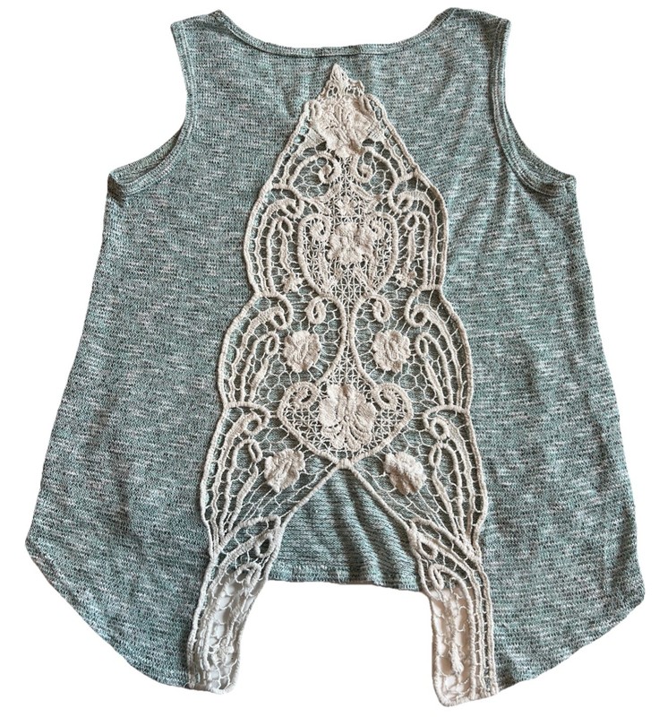 Cozy Casual Blue Knit Tank Top With Lace Back