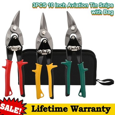 Aviation Tin Snips Set 10 Inch Metal Straight Left Right Cut Chrome 3 PCS