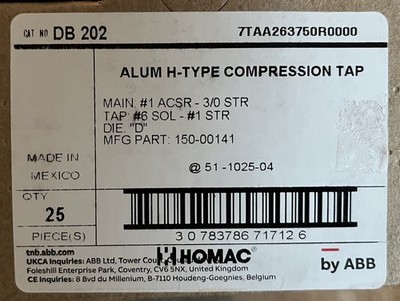 LOT OF 25  ABB HOMAC BLACKBURN WR289 DB202 WIDE RANGE COMPRESSION CONN  H-TAP