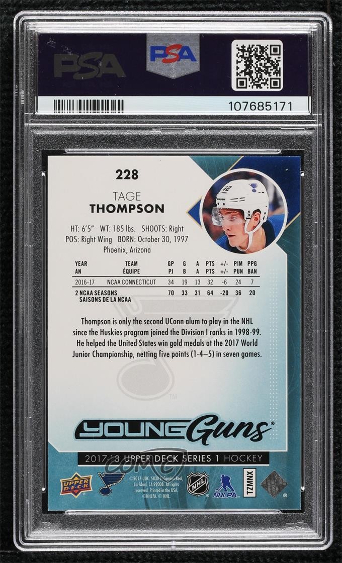 2017-18 Upper Deck Young Guns Tage Thompson #228 PSA 9 MINT Rookie RC view 2