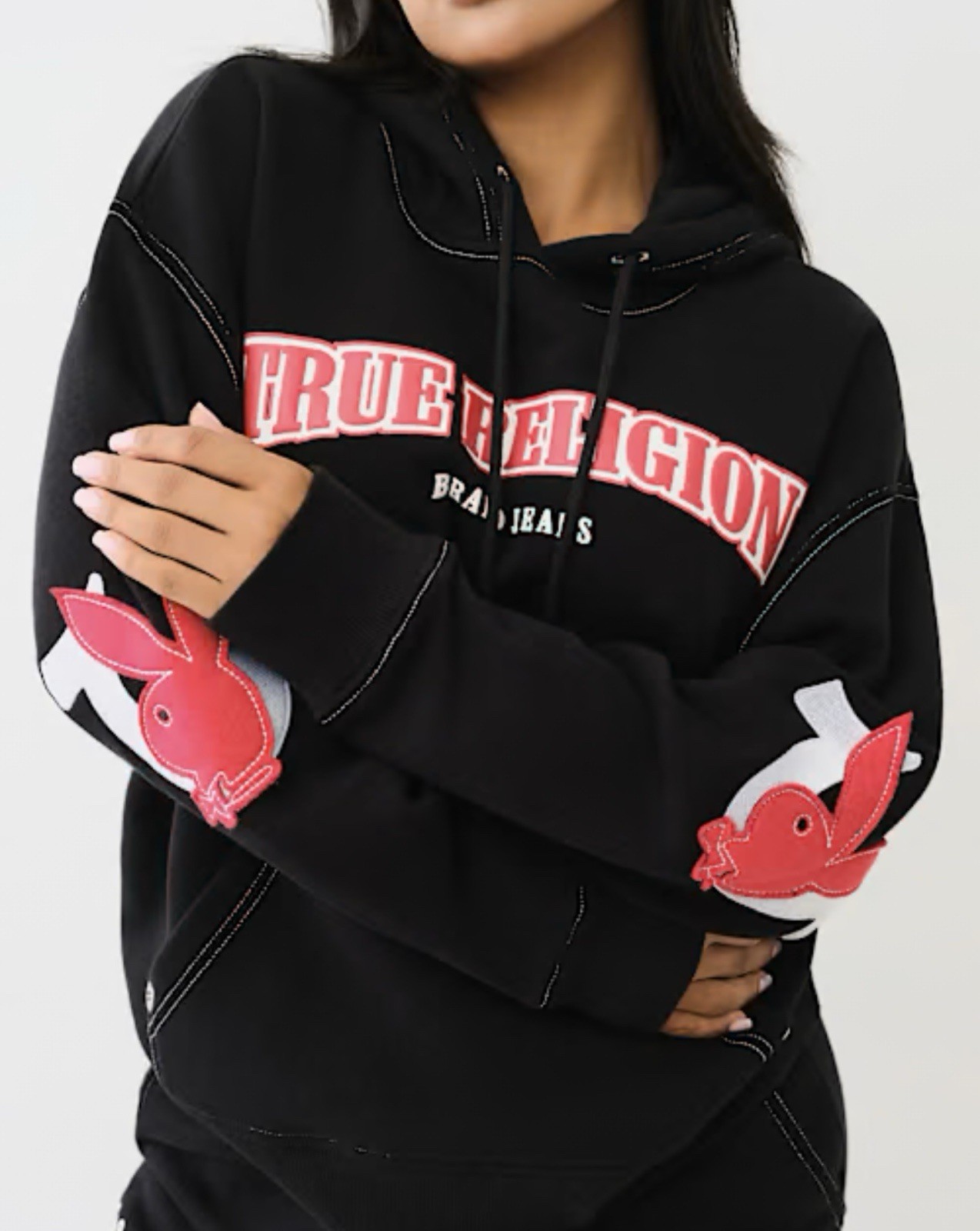 True Religion x Playboy Women's Black Fleece Pullover Hoodie M Bunny Patch
