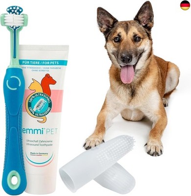 emmi-pet Zahnpflegeset für Hunde - 1x3köpfige Hundezahnbürste mit 1x Hu