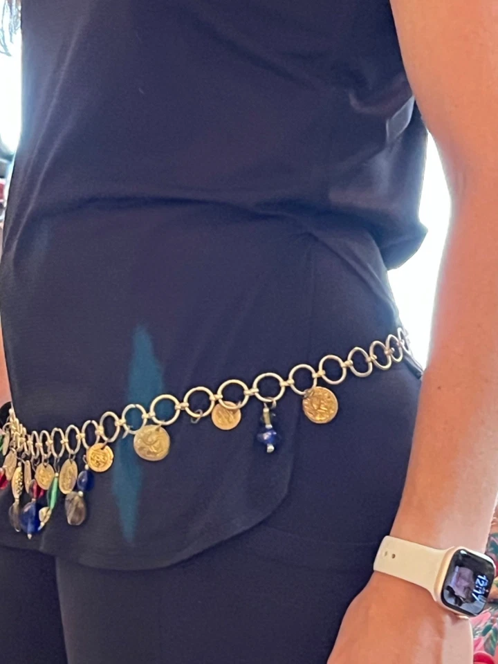 Gold Belly Dancer Hip Chain Belt Dangle Coins Multicolor Jeweled and Necklace JT - Image 2 of 4