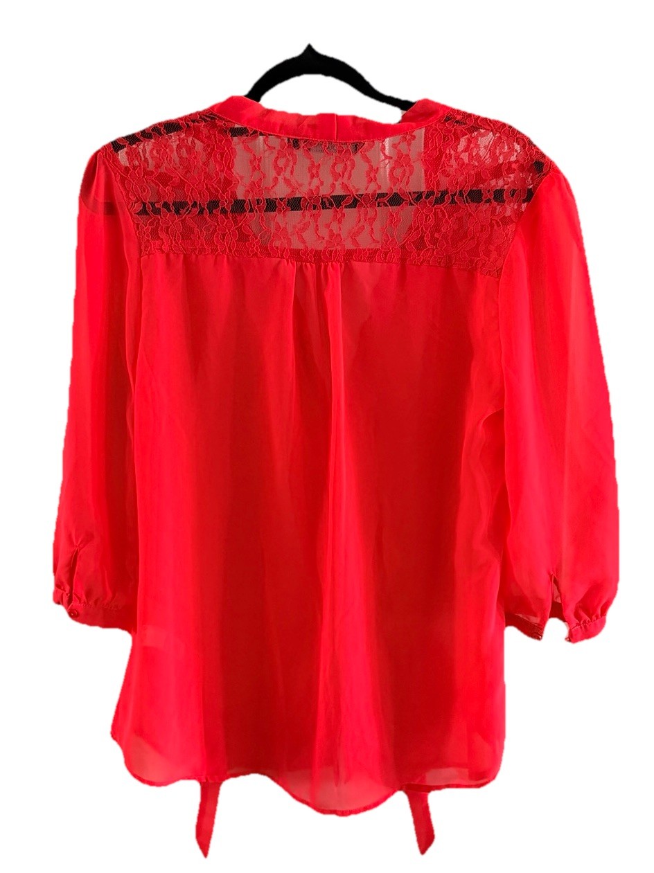 CODE Lace Sheer Collared Button-Up Blouse Red 3/4… - image 3