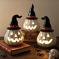 3 Pack Halloween Light Up Pumpkin Decorations, Ceramic Battery Operated Light...