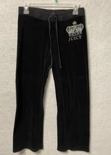 Juicy Couture Pants Womens Small Black Velour Crown Logo Lounge Joggers USA Made